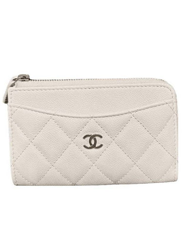 CC Logo Gold Hardware Caviar Zipper Card Wallet White - CHANEL - BALAAN 1