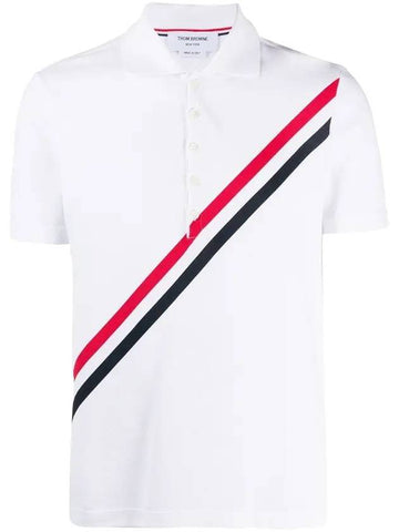 Diagonal Stripe Short Sleeve Polo Shirt White - THOM BROWNE - BALAAN 1