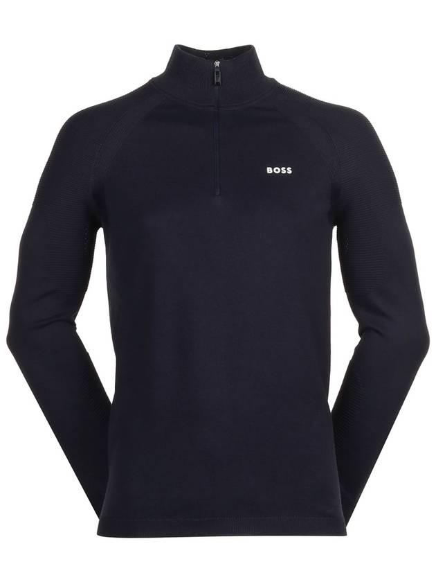 Logo Detail Zipper Neck Cotton Blend Knit Top Navy - HUGO BOSS - BALAAN 2