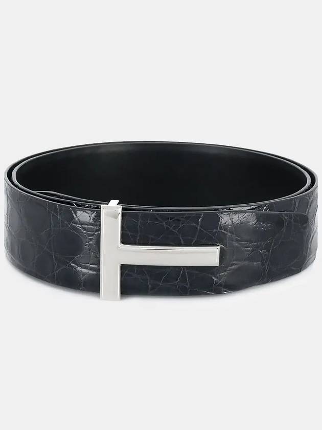 T Logo Crocodile Leather Belt Black - TOM FORD - BALAAN 3