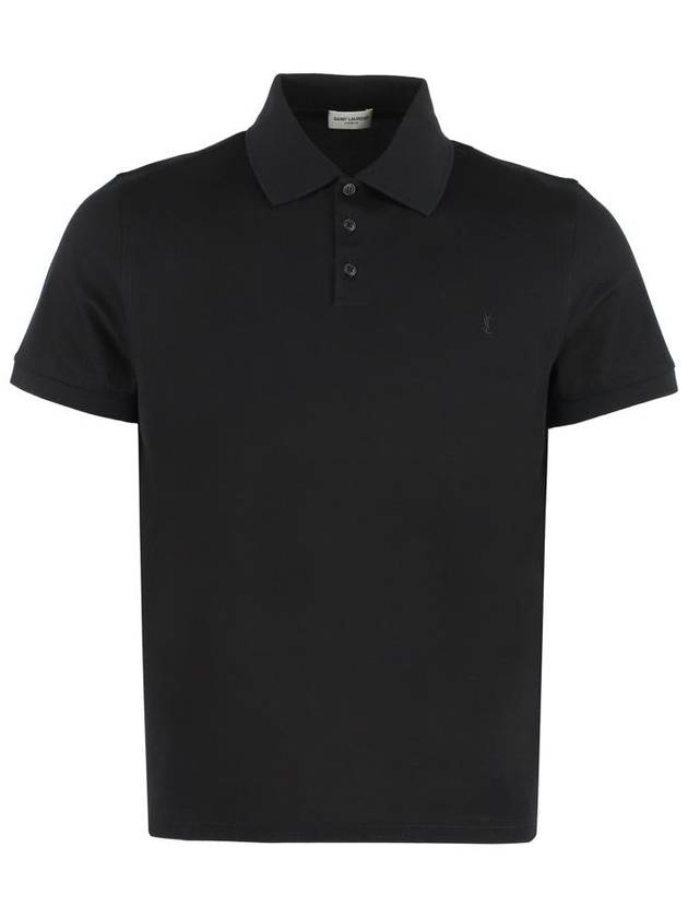 Men's Monogram Cotton Short Sleeve Polo Shirt Black - SAINT LAURENT - BALAAN 2