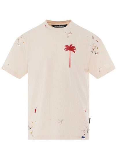 Palm Tree Painted Cotton Short Sleeve T-Shirt Ivory - PALM ANGELS - BALAAN 2