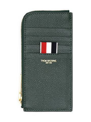 Stripe Zip Around Pebble Grain Leather Card Wallet Dark Green - THOM BROWNE - BALAAN 1