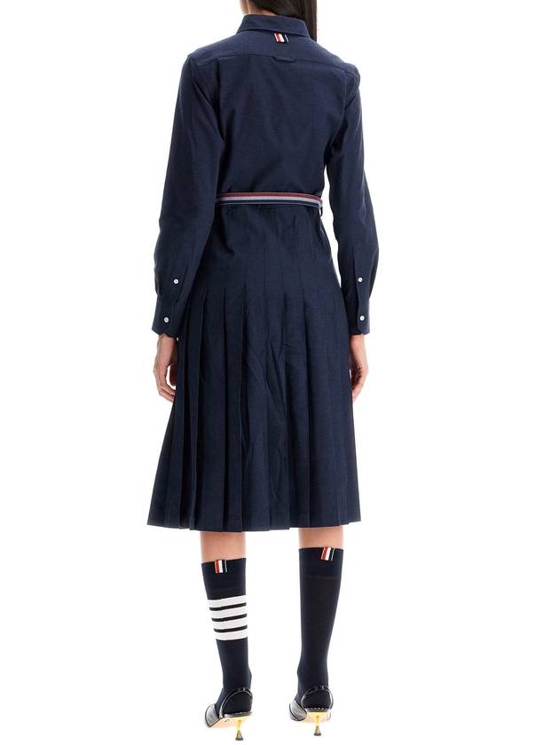 Stripe Flannel Pleated Bottom Belted Cotton Midi Dress Navy - THOM BROWNE - BALAAN 4