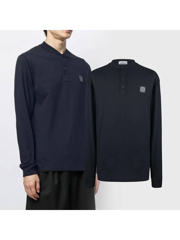 Logo Patch Button Long Sleeve T-Shirt Navy - STONE ISLAND - BALAAN 1