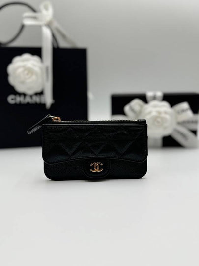 Women's Gold Classic Zipper Grained Shiny Calfskin Card Wallet Black - CHANEL - BALAAN 2