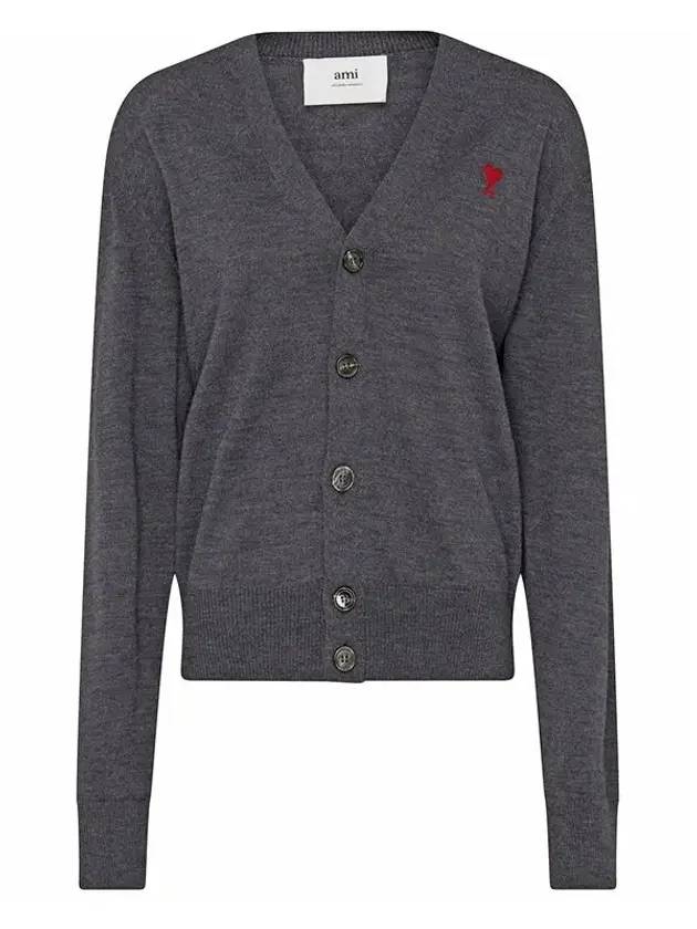 Red Heart Logo Merino Wool Cardigan Heather Grey - AMI - BALAAN 2