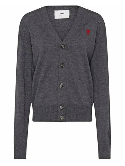 Red Heart Logo Merino Wool Cardigan Heather Grey - AMI - BALAAN 2