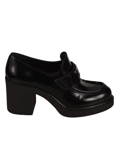 Chocolate Brushed Leather Heeled Loafers Black - PRADA - BALAAN 1