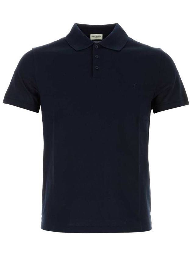 Men's Monogram Cotton Short Sleeve Polo Shirt Navy - SAINT LAURENT - BALAAN 2