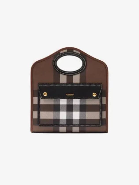 Mini Pocket Checked Leather Tote Bag Dark Burch Brown - BURBERRY - BALAAN 2