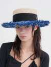 Wide Tweed Boater Hat Royal Blue - BROWN HAT - BALAAN 1