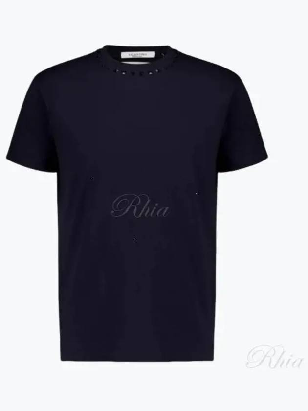 Rockstud Neckline Short Sleeve T-Shirt Navy - VALENTINO - BALAAN 2