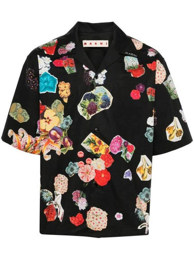 Floral Print Short Sleeve Shirt Black - MARNI - BALAAN 1