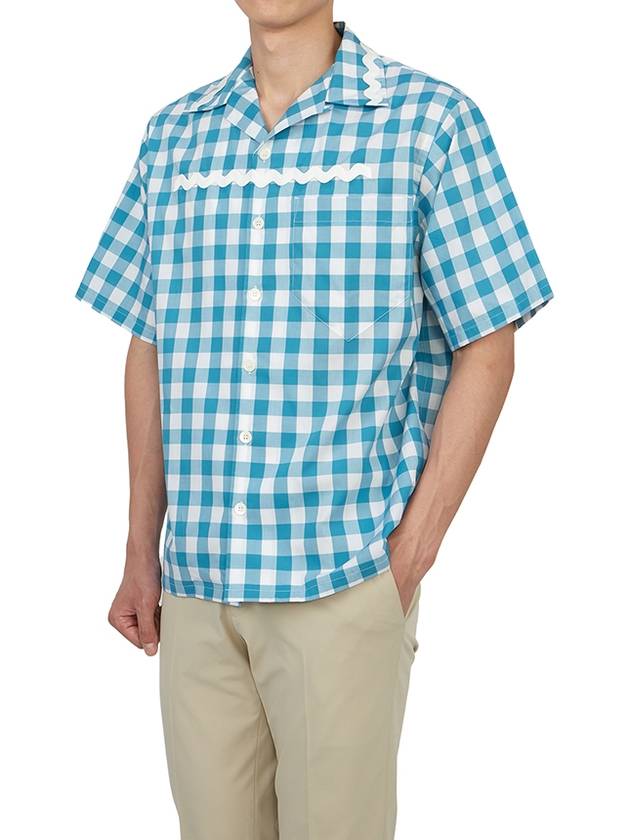 Check Short Sleeve Shirt Blue - PRADA - BALAAN 7