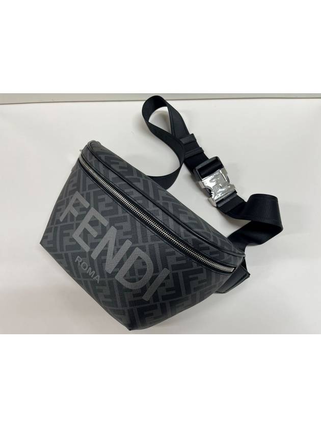 FF jacquard logo print fabric leather belt bag black gray - FENDI - BALAAN 8
