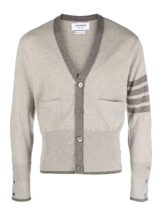 Men's Diagonal Armband Cashmere V-Neck Cardigan Beige - THOM BROWNE - BALAAN 2