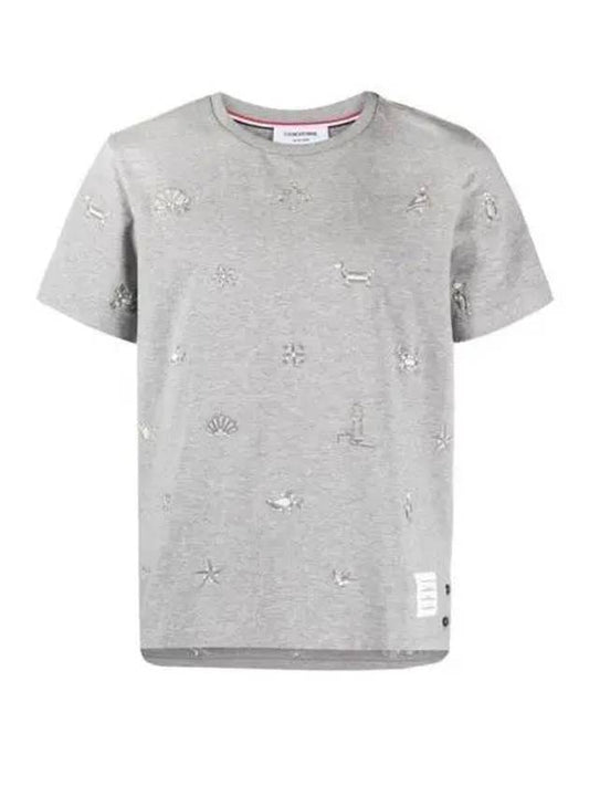 Embroidered Cotton Short Sleeve T-Shirt Grey - THOM BROWNE - BALAAN 2