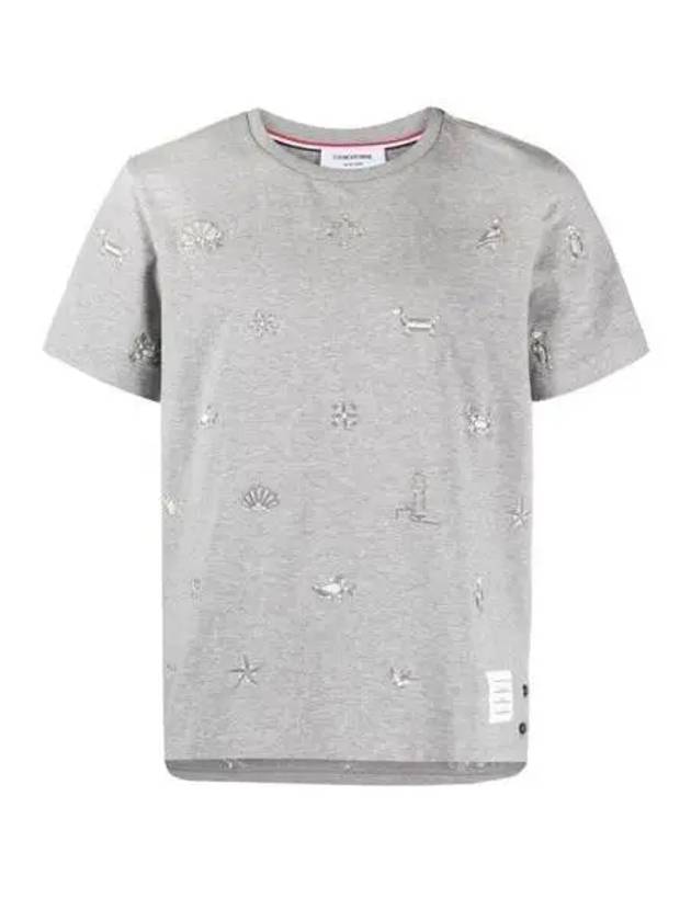 Embroidered Cotton Short Sleeve T-Shirt Grey - THOM BROWNE - BALAAN 2