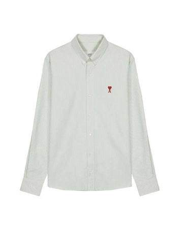 Heart Embroidered Logo Striped Long Sleeve Shirt Green - AMI - BALAAN 1