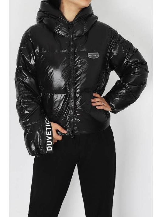 Women s duck down padded jacket Bellatrix signature hoodie matte black VDDJ25136 BKS - DUVETICA - BALAAN 1