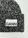 Logo Patch Ribbed Knit Beanie Black - GANNI - BALAAN 4