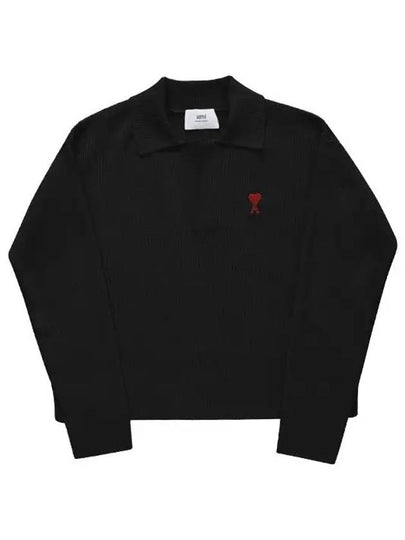 Small Heart Long Sleeve Polo Shirt Black - AMI - BALAAN 2