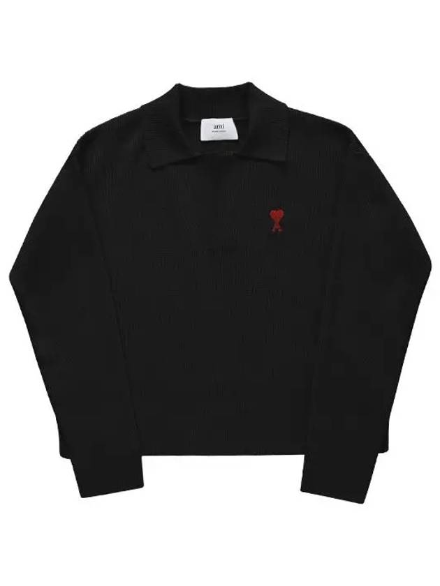 Small Heart Long Sleeve Polo Shirt Black - AMI - BALAAN 4