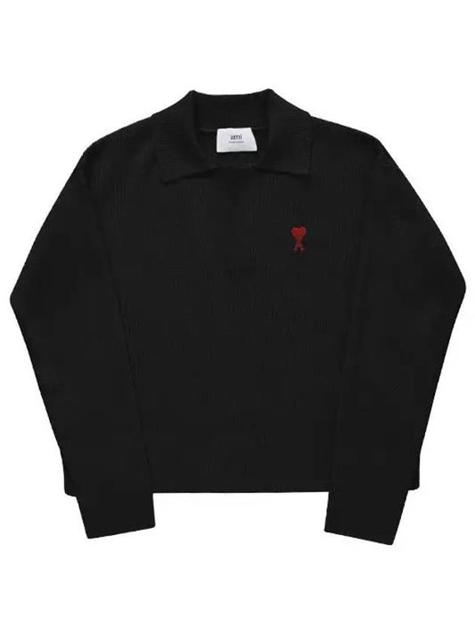 Small Heart Long Sleeve Polo Shirt Black - AMI - BALAAN 2