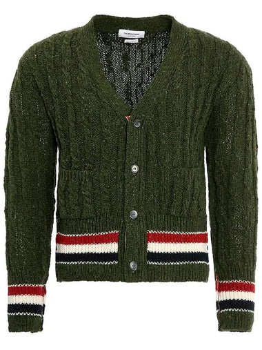 Men's Mix Cable V-Neck Classic Fit Cardigan Dark Green - THOM BROWNE - BALAAN 1