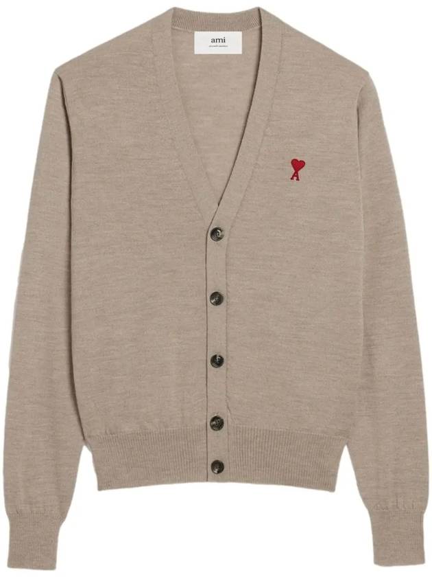 Red Heart Logo Merino Wool Cardigan Beige - AMI - BALAAN 3