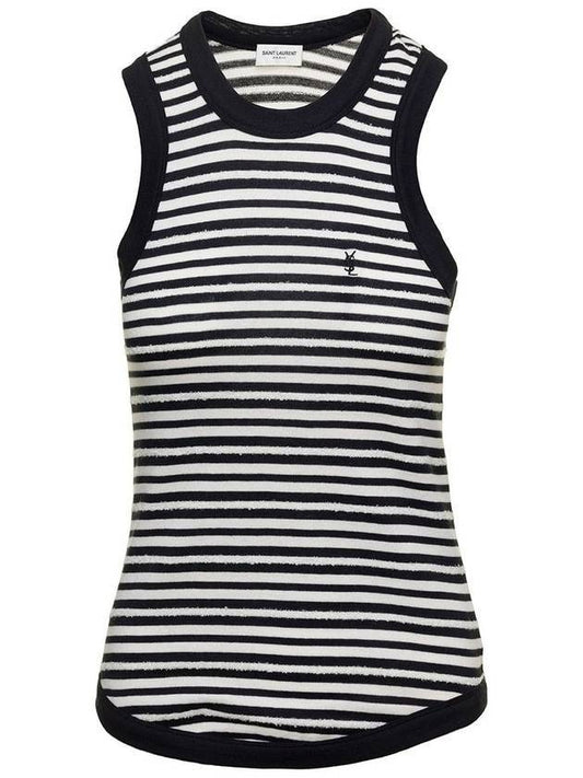 Logo Embroidered Striped Cotton Sleeveless White Black - SAINT LAURENT - BALAAN 1