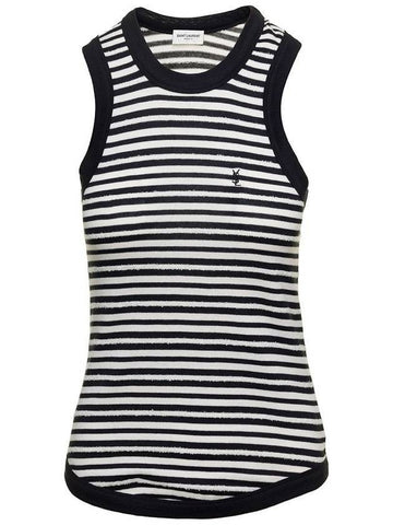 Embroidered Logo Striped Cotton Sleeveless White Black - SAINT LAURENT - BALAAN 1