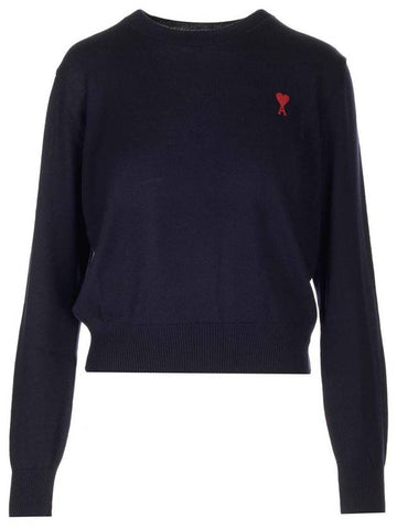 Heart Logo Crew Neck Merino Wool Knit Top Blue - AMI - BALAAN 1