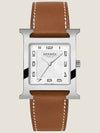 Large H Hour Brown Leather Watch White Silver - HERMES - BALAAN.