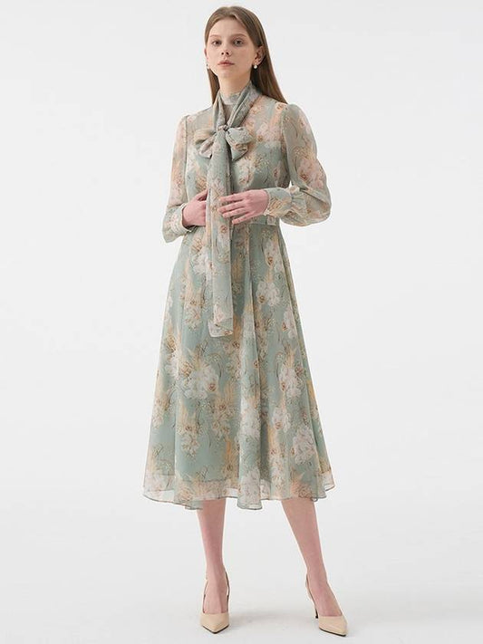 Chiffon Ribbon Tea Plaid Flower Long Dress Mint - AME - BALAAN 2