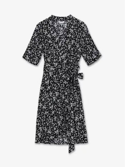 Floral Print V-Neck Wrap Midi Dress Black - GANNI - BALAAN 2