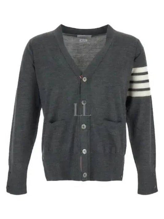 4-Bar V-Neck Milan Seersucker Cardigan Medium Grey - THOM BROWNE - BALAAN 2