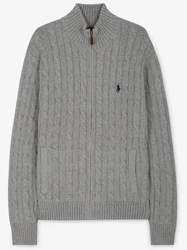 Pony Motif Cable Zipper Knit Cotton Cardigan Grey - POLO RALPH LAUREN - BALAAN 3