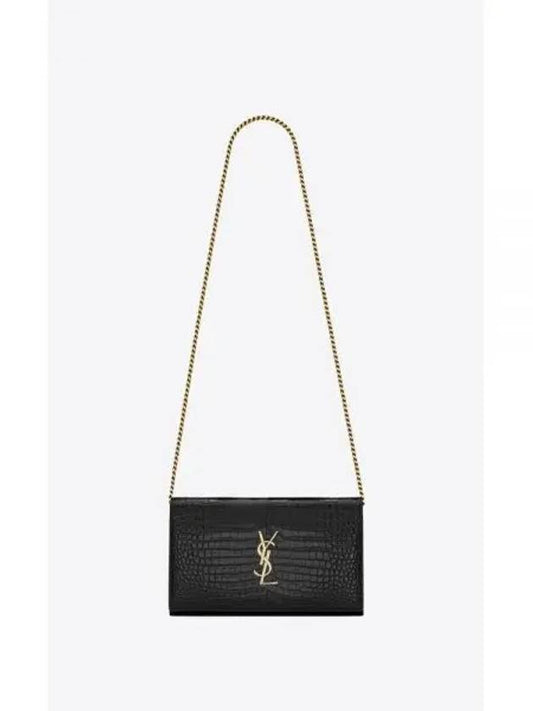 Cassandre Chain Crocodile Embossing Leather Long Wallet Black - SAINT LAURENT - BALAAN 2