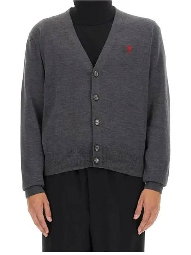 Red Heart Logo Merino Wool Cardigan Heather Grey - AMI - BALAAN 4