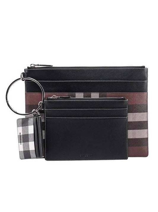 Check Triple Leather Clutch Bag Brown - BURBERRY - BALAAN.