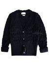 Merino Wool Crisscross Cable Stitch 3/4 Sleeve V-Neck Cardigan Navy - THOM BROWNE - BALAAN 2