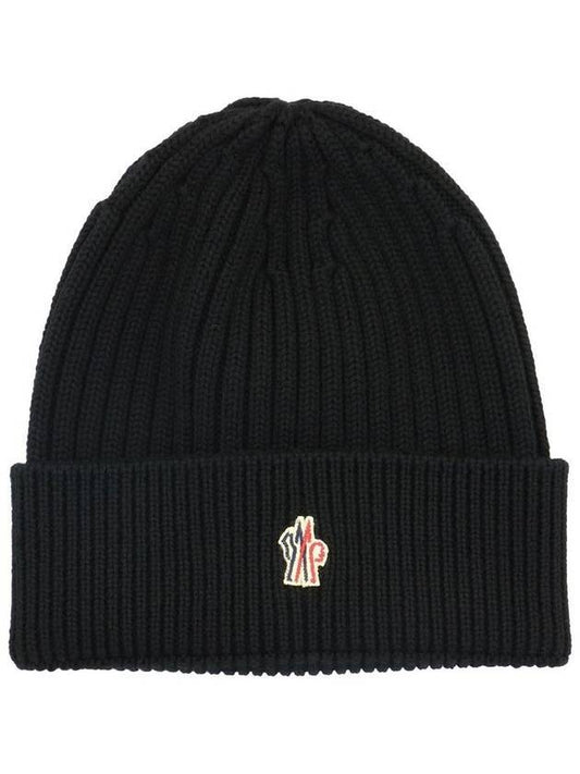 Grenoble Logo Patch Wool Beanie Black - MONCLER - BALAAN 1