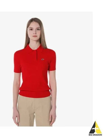 Women s Cable Short Sleeve Polo Sweater Orange Red - LACOSTE - BALAAN 1