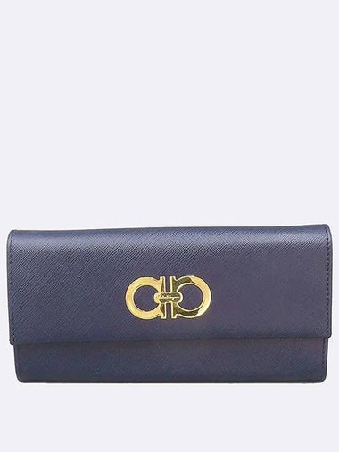 Ferragamo 22 7121 Navy Saffiano Leather Gold Plated Gancini Logo Long Wallet - SALVATORE FERRAGAMO - BALAAN 1