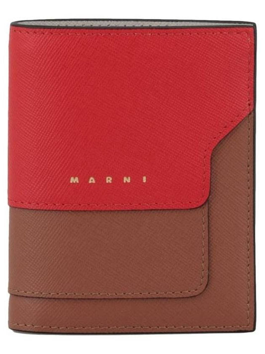 Two-Tone Saffiano Leather Half Wallet Red - MARNI - BALAAN 1