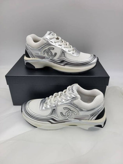 Fabric Laminated Low Top Sneakers Silver - CHANEL - BALAAN 2