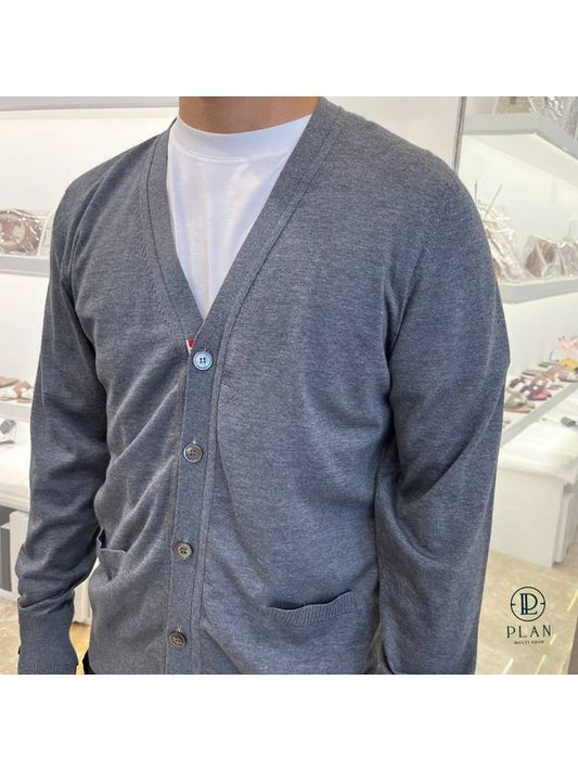 Men's Classic Three-Stripe Backstripe Wool Cardigan Grey - THOM BROWNE - BALAAN.