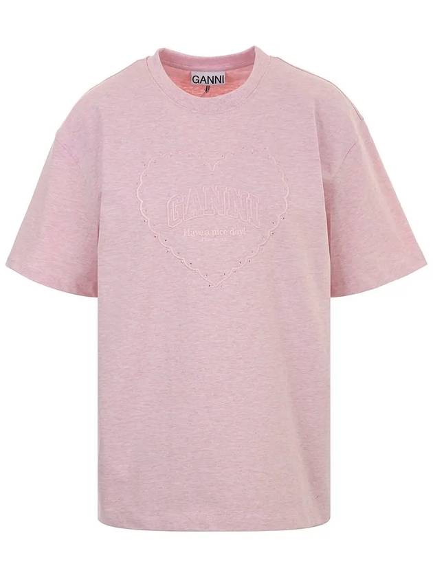 Drop Shoulder Heart Embroidery Short Sleeved T-Shirt Chalk Pink - GANNI - BALAAN 3